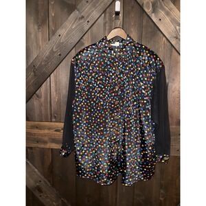 VTG 80s C.M. Shapes Black Colorful Rainbow Polka Dots Blouse Sheer Arms Women's